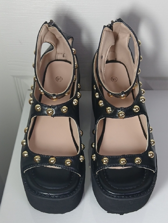 Source Unknown Shoes - Black Studded Steampunk Goth Chunky Platform Open Toe Ankle Strap Sandals